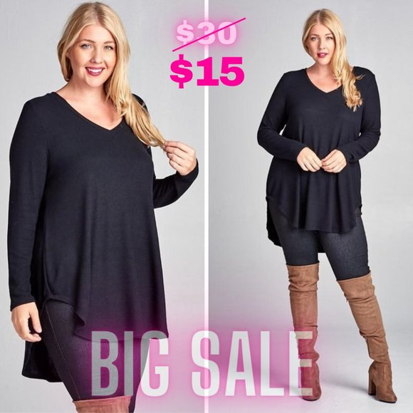 Boutique Tops - Two-Tone Hacci V-Neck Tunic Top Plus Size - Black
